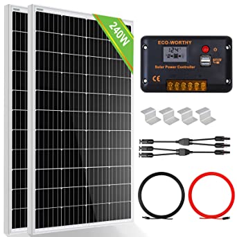 ECO-WORTHY 1KW·H/Day Solar Panel Kit 240Watt 12Volt Solar Power System for Off Grid Home RV: 2pcs 120W Mono Solar Panel   30A 12V/24V Charger Controller   Solar Cable   Z Bracket Mount