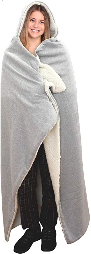 Posh Home Hooded Jersey Knit Reversible Sherpa Throw Blanket, 50" x 60" (Light Grey)