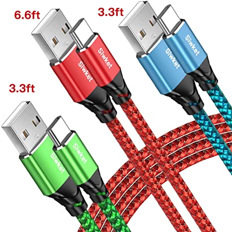 USB C Cable,USB C Fast Charging Cord,(3Pack 2x3.3ft 6.6ft)USB A to USB C Fast Charger Cable Nylon Braided Phone Data Sync Cord for Samsung Galaxy S10 S10e S9 S9  S8 Plus A50, Note 9 8,LG G5 G6,Moto G6 Plus/ G7,Sony Xperia, Google Pixel 2/2XL, Switch,HTC (Red Green Blue)