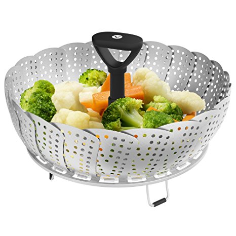 Vremi Collapsible Vegetable Steamer Basket for Large and Small Pan - 100% Stainless Steel - Round Steaming Tray Fits Instant Pot Electric Pressure Cooker - Extendable Handle and Silicone Feet - Black