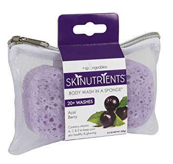 Spongeables Skinutrients Body Wash in a Sponge, Açai Berry, With Bonus Travel Bag, 20  Washes, Pack of 3
