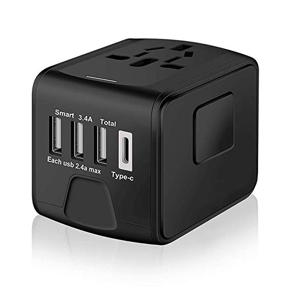 SAUNORCH Universal International Travel Power Adapter W/ High Speed 2.4A USB, 3.0A Type-C Wall Charger, European Adapter, Worldwide AC Outlet Plugs Adapters for Europe, UK, US, AU, Asia-Black