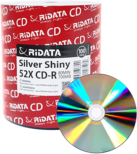 100 Pack Ridata CD-R 52X 700MB 80Min Silver Shiny Blank Media Recordable Disc