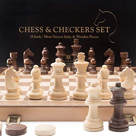 Alex.H & Abel.C Folding Wooden Chess & Checkers Set w/ 3" King Height Chess Pieces / 2 Extra Queen / Gift Tote Bag / German Knight Staunton Wooden Chessmen / Classic 2 in 1 Board Games