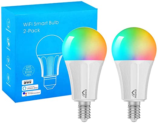 MoKo Smart WiFi LED Light Bulb, 2 Pack E14 9W Dimmable Light, Warm White, Compatible with Alexa Echo, Google Home for Voice Control,Remote Control with Timer Function,No Hub Required - White