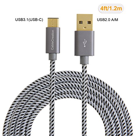 USB Type C Cable, CableCreation 4ft Braided Type C (USB-C) to USB A Cable for Nexus 5X/6P, the New Macbook 12 inches & More,4ft/1.2M Gray [56K Ohm Resistance]