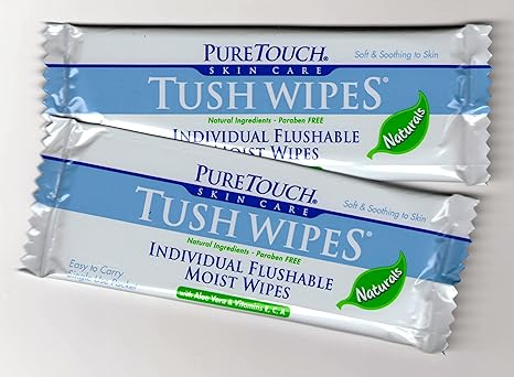 PureTouch Tush Wipe NATURALS for Adults. Individual Flushable Moist Wipes BULK of 350 Single-Use-Packets
