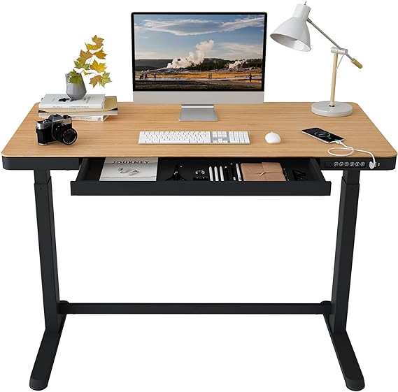 FLEXISPOT Electric Standing Desk with Drawer Storage Adjustable Height Quick Assembly Table w/USB Charge Ports, Child Lock （Natural Desktop   Black Frame）