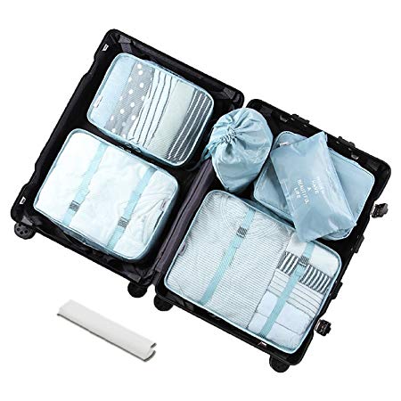 AOFU 7Pcs Packing Cubes, Travel Luggage Packing Organizers - Multi-Functional Clothing Sorting Packages-（Lake&Blue）