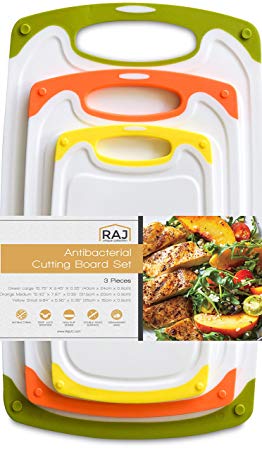 Raj Plastic Cutting Board Reversible Cutting board, Dishwasher Safe, Chopping Boards, Juice Groove, Large Handle, Non-Slip, BPA Free, FDA Approved (Set of Three, Green, Orange,Yellow)
