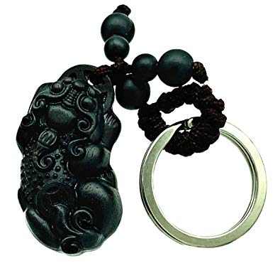 Betterdecor Feng Shui Peach Wood Carved Pi Yao Key Ring Amulet for Wealth (with a Pouch)