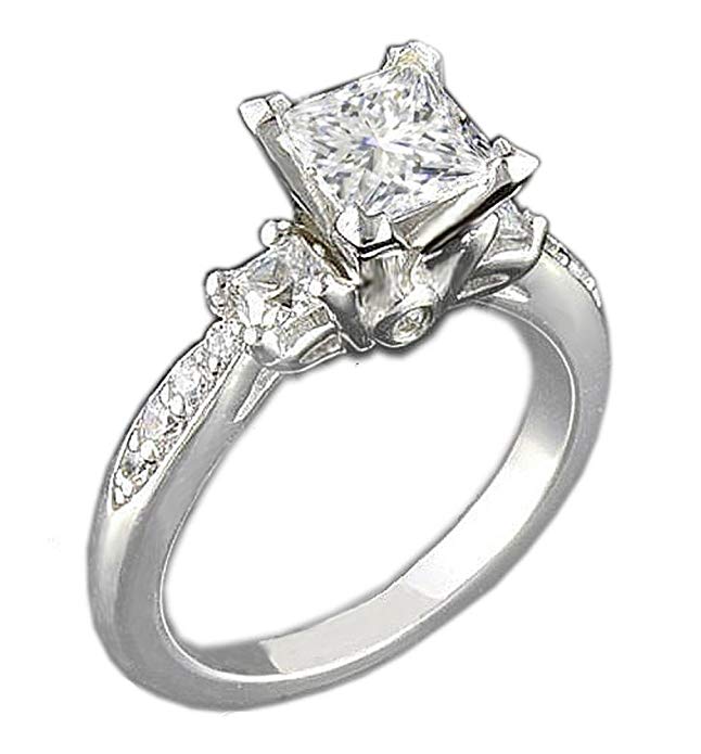 Venetia Realistic Supreme Princess Cut 3 Stones Simulated Diamond Ring 925 Silver Platinum Plated Pave Art Deco Decor