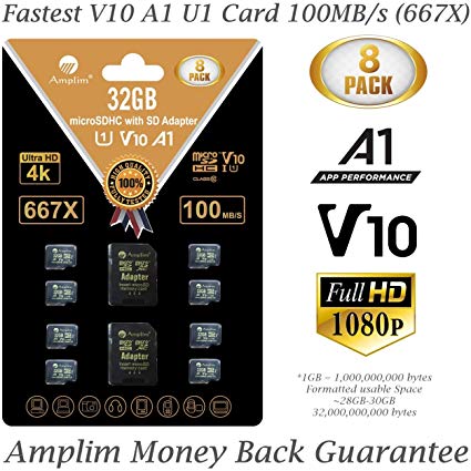 8-Pack Bulk 32GB Micro SDHC Memory Card Plus Adapter – Amplim 32 GB Class 10 Micro SD Card V10 A1. Extreme High Speed 100MB/s 667X microSDHC TF Card. Cell-Phones Tablets Fire Cameras Nintendo Drones