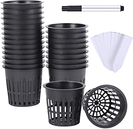 Ohuhu 4 Inch 25 Pack Net Pots Net Cups, Heavy Duty Plastic Net Pot with Wide Rim Design, Resilient Garden Slotted Mesh Cup with Black Pen & 25 PCS Plant Labels, Durable Bucket Baskets for Hydroponics