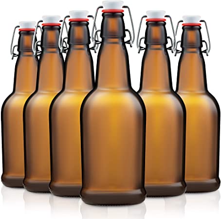 Glass Swing Top Beer Bottles - 6 Pack (474ml) Grolsch Bottles with Flip Top Airtight Lid, for Carbonated Drinks, Kombucha, 2nd Fermentation, Water Kefir, Brewing Bottle. (Amber)