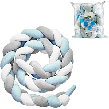 Luchild Baby Braided Crib Bumper Soft Snake Pillow Protective & Decorative Long Baby Nursery Bedding Cushion Knot Plush Pillow for Toddler/Newborn (White Grey Blue)