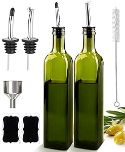 Olive Oil Dispenser Bottle, 2 Pcs Glass Olive Oil Dispenser and Vinegar Dispenser Set with 2 Stainless Steel Pourers, 4 Labels,1 Brush and 1 Funnel Oil Bottles for Kitchen (500ml)-Green