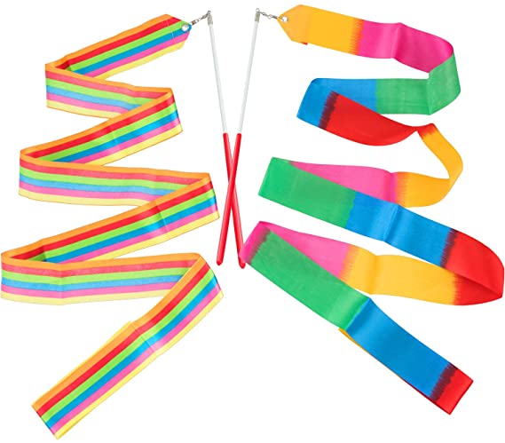 ANCIRS 2 Pack 2-Meter Dance Ribbons, Rainbow Streamers Rhythmic Gymnastics Ribbon, Baton Twirling Wands on Sticks for Kids Artistic Dancing