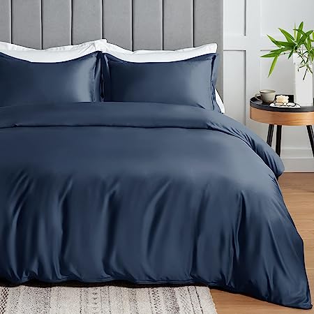 CozyLux 100% Organic Bamboo-Rayon Duvet Cover Queen Set Size Navy 3PCS 300TC Luxury Comforter Cover 90" x 90", Oeko-Tex Cooling Duvet Covers with Zipper Closure and Corner Ties,Navy