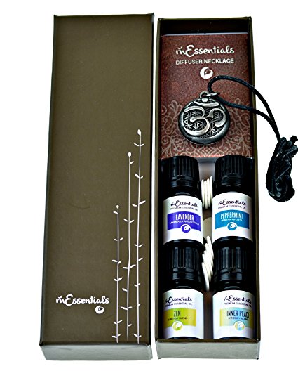 Aum Om Pewter Aromatherapy Essential Oil & Diffuser Necklace gift Set (Lavender Peppermint Zen Inner Peace)