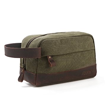 S-ZONE Vintage Leather Trim Canvas Toiletry Bag Shaving Dopp Case Cosmetic Makeup Bag