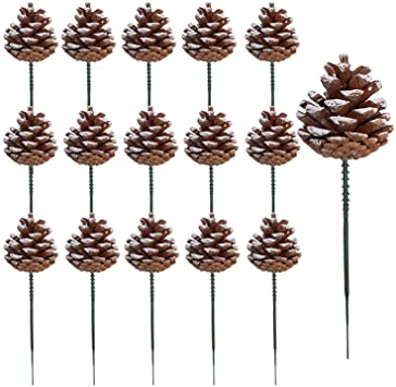 Cooraby 20 Pieces 2 Inch Christmas Natural Pine Cones Snow Tipped Natural Pine Cone with 5 Inch Green Wired Pick for Christmas Tree Decoration Home Party Holiday Decor