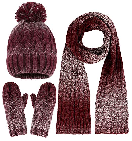Adult Women's 3 Piece Winter Set - Pompom Beanie Hat, Scarf, Mittens