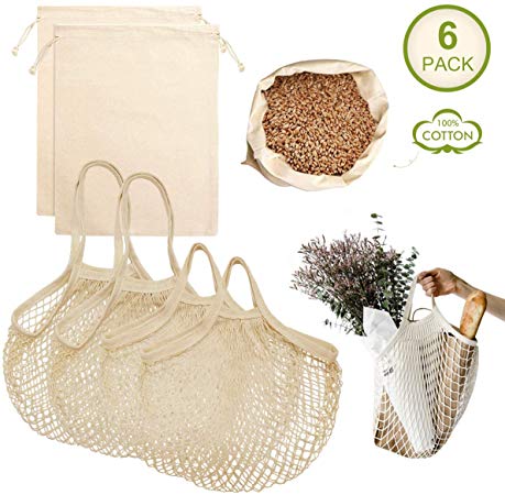 Reusable Produce Bags - Muslin Produce Bags 6 Pack Produce Bags Grocery Reusable Net Zero Organic Organizer Shopping Handbag Washable, Biodegradable for Leafy Greens and Lettuce (Beige)