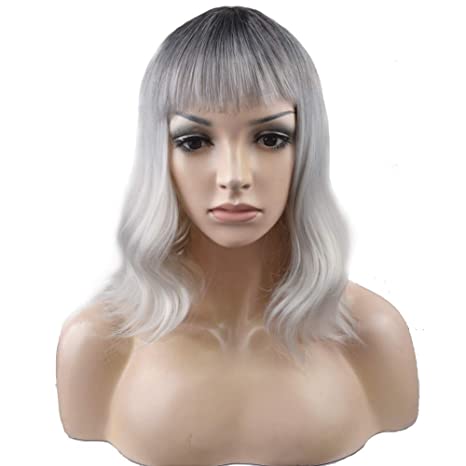 BERON 14'' Short Curly Women Girl's Charming Synthetic Wig with Air Bangs Wig Cap Included (Dark Root Ombre Silvery White)