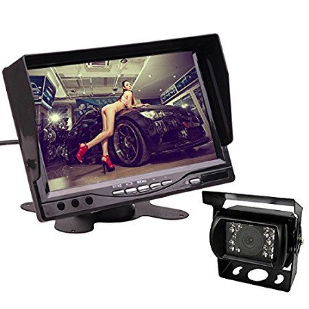 HitCar Car Dash Stand 12V 24V 7 Inch HD LCD Parking Monitor for Car Truck Bus Home CCTV (with One Reverse Camera)
