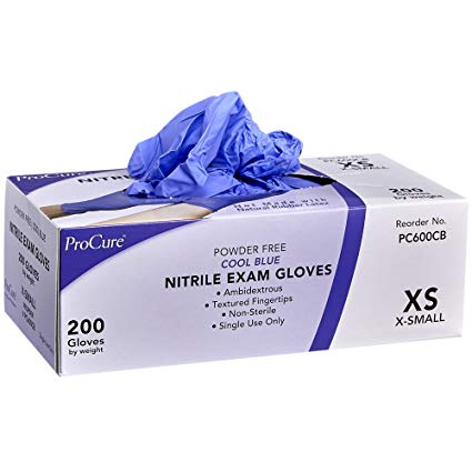 ProCure Disposable Nitrile Gloves – Powder Free, Rubber Latex Free, Medical Exam Grade, Non Sterile, Ambidextrous - Soft with Textured Tips – Cool Blue (X-Small, 1 Pack, 200 Count)