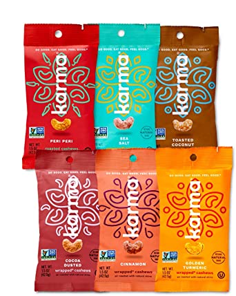 Karma Nuts Cashews Variety Pack | 6, 1.5 Ounce Snack Packs | Whole, Roasted, Vegan, Non Gmo, Gluten Free, Low Carb, Low Calorie, Natural, Healthy, Everyday Snack