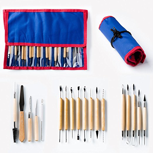 Skilled Crafter Clay Modeling Tools with Roll-Up Case. 18 Double Ended Quality Carvers & Modelers for Sculpting, Modeling, Trimming & Pottery Carving. Best for Sculpey, Polymer, Ceramics, Dough, Wax