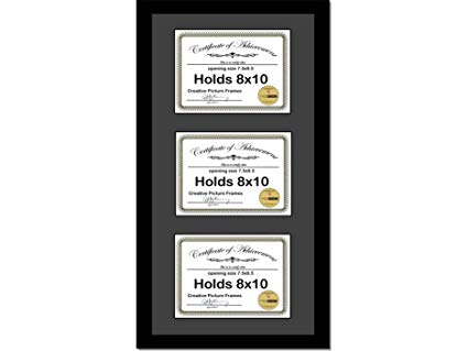 CreativePF [14x30bk-b] Black Vertical 8x10 Triple Diploma Frame with 3 Opening Black Matting | Holds 3 8x10 inch Documents with Installed Wall Hanger