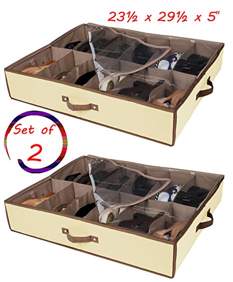 Set of 2 under bed shoe storage drawers ,Closet Box Organizer Natural Canvas with See-Through Top, Brown Trim, Size: 23 ½’’ x 29 ½’’ x 5’’