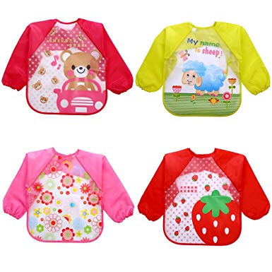 Aniwon 1-5 Years Old 4Pcs Infant Toddler Baby Bibs with Sleeves Waterproof Bibs Long Sleeved Bibs