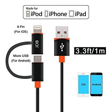 [Apple MFi Certified] JDB (3.3 ft/ 1M) 2-in-1 Sync and Charge Cable with Lightning & Micro USB Connectors for iPhone 6s/ 6 Plus, iPad , Samsung & More Smart Devices - Black and Orange