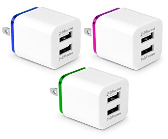 Wall Charger, 3-Pack USB 2.1AMP Universal Power Home Travel Wall Charger Dual Port Plug for iPhone 7/7 plus 6/6 plus 5S 5 4S Samsung S5 S4 S3, Note 5, HTC, LG and More Device (3 Pcs Random Color)