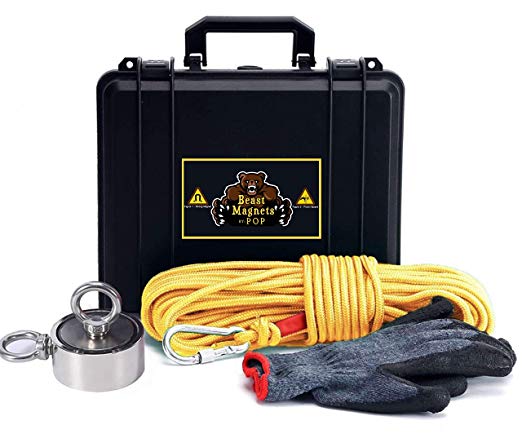 Double Sided Magnet Fishing Kit with Case - Strong Magnet for Magnet Fishing with 1200 Pound Pull Neodymium Magnet for Heavy Duty Use | Includes a Durable 65 ft Rope and Carabiner, Gloves and Case