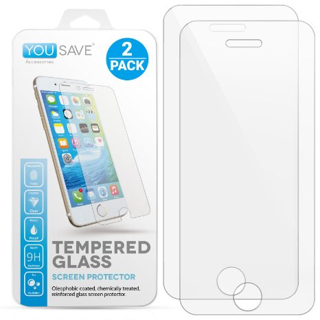 iPhone 5S / 5 / SE / 5C [2-Pack] Glass Screen Protector By Yousave Accessories Crystal Clear Tempered Glass [Ultra Slim 0.3mm / 9H Hardness Rating] Twin Pack