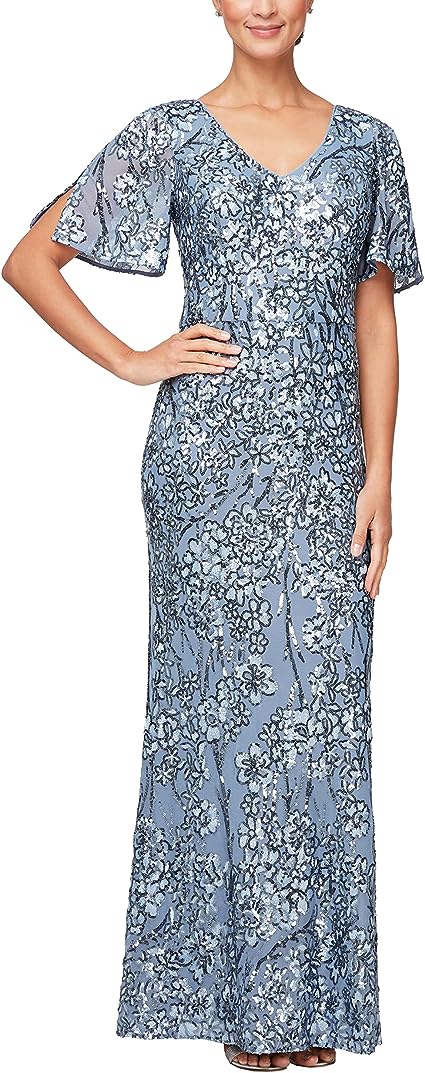 Alex Evenings Women's Sequin Stretch Lace Cold Shoulder Gown