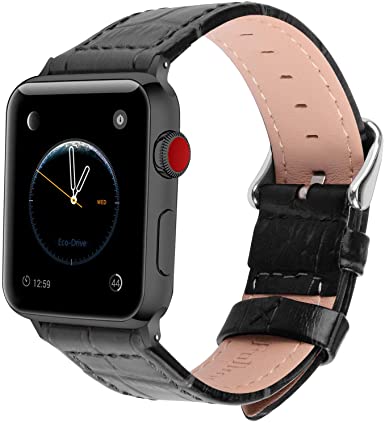 2 Colors Compatible Apple Watch Bands 38mm, Fullmosa Bamboo Calf Leather Compatible iWatch Band/Strap with Stainless Steel Clasp Compatible Apple Watch Series 1 2 3,Black
