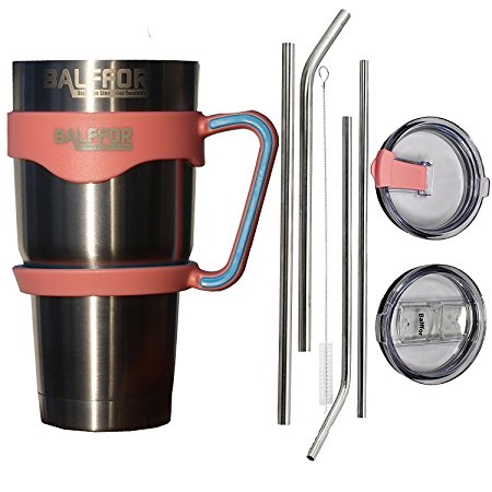 Rumbler Double Wall Vacuum Insulated Stainless Steel Tumbler with Handle 30oz Bundle: 1 Mug - 4 Straws ( 2 Wide, 2 Slim) - 1 Cleaner - 1 Spill Proof Lid - 1 Spill & Splash Resistant Lid - 1 Handle