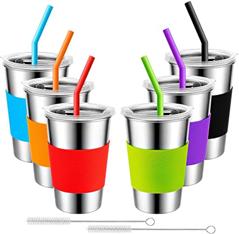 EXTSUD Kids Cups with Straws Spill Proof, 6 Pack 16 oz. Stainless Steel Unbreakable Reusable Tumblers with Lids and Straw, BPA-Free Colorful Water Drinking Cups with Sleeves for Children and Adults