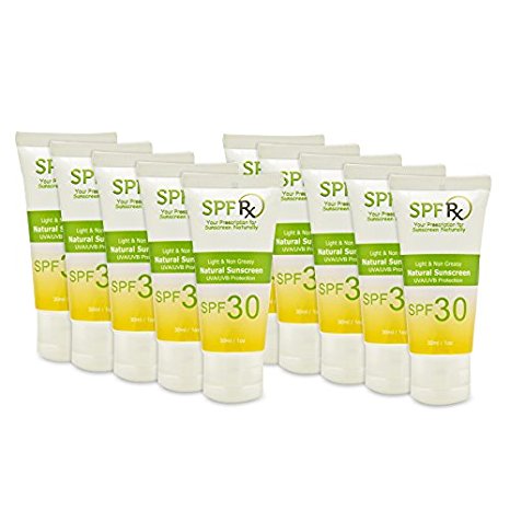 SPF Rx Bulk Travel Size Natural Facial and Body Sunscreen SPF 30 - Zinc Oxide, Titanium Dioxide, Aloe Vera, Shea Butter - Anti Aging UVA   UVB Broad Spectrum Protection, Chemical Free Mineral Based Sunblock Cream, Non-Greasy Face & Body Lotion - Natural and Safe for Babies, Kids & Adults - Made in the USA - (1 oz, 10 Pack)