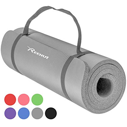 Reehut 1/2-Inch Extra Thick High Density NBR Exercise Yoga Mat for Pilates, Fitness & Workout w/Carrying Strap (Grey)