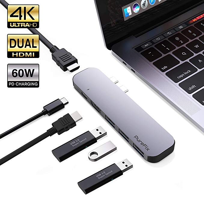 PureFix 6 in 1 Premium Dual HDMI USB C Hub Extension Dongle Adapter for MacBook Pro 2017 2018 2019 and MacBook Air 2018 2019 Ultra Silm with Mac Style Color Matching (Space Gray)