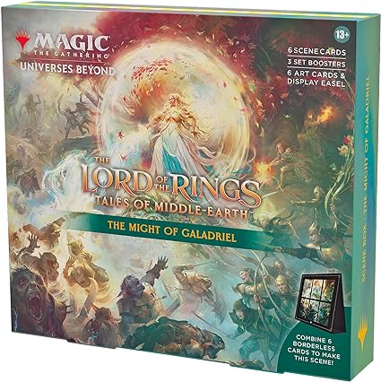 Magic The Gathering The Lord of The Rings: Tales of Middle-Earth Scene Box - The Might of Galadriel (6 Scene Cards, 6 Art Cards, 3 Set Boosters   Display Easel)