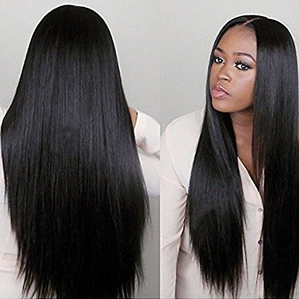 FUHSI Hair Lace Front Wig Virgin Hair Glueless Human Hair Brazilian Remy Straight Hair Wigs with Baby Hair For African Americans 130% Density Natural Color 16inch
