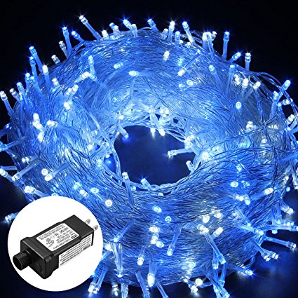 Excelvan Safe Low Voltage 8 Modes 500 LEDs 100m/328ft Dimmable Fairy String Lights with Transparent String for Bedroom Patio Garden Gate Yard Party Wedding Christmas Decoration, White Blue